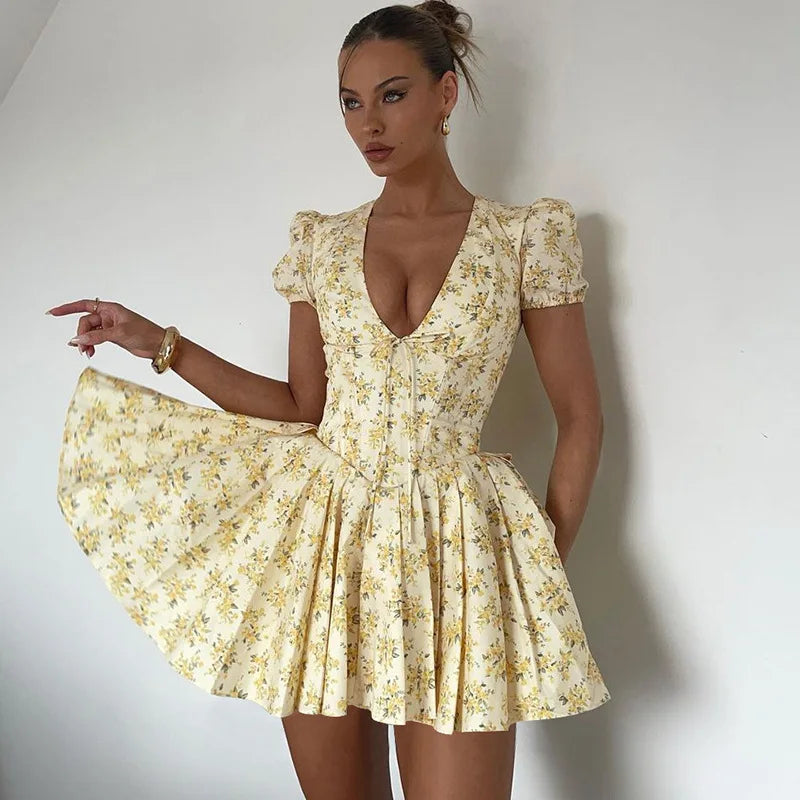 Territory Sexy Deep V Neck Women's Dresses 2024 Summer Fashion A-line Dress Female High Waist Pleated Printed Beach Party Dresses