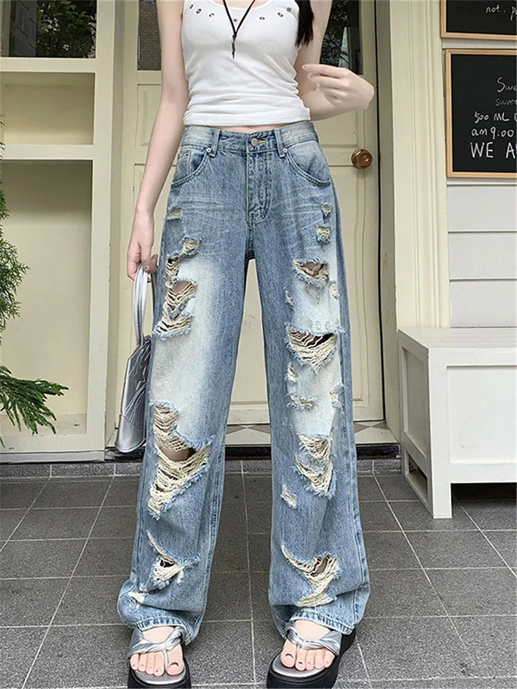 Territory Hollow Out Ripped Jeans Casual Loose Mid-Waisted Wide Leg Pants Women 2024 Autumn Spring Fashion Streetwear