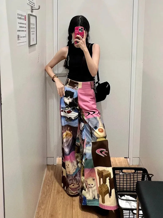 Territory American Street Cute Cartoon Print Pants for Women 2024 New Loose Wide Leg  Y2k Grunge High Waist Straight Trousers