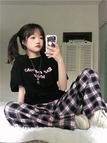 Territory Harajuku Pink Plaid Pants Women Japanese Y2K Cute Checked Trousers Oversized Korean Fashion Basic Wide Leg Sweatpants