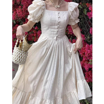 Territory Elegant Square Collar White Dress Summer Fashion Puff Sleeve Ruffle Dress for Women 2024 Chic Vintage Maxi Dresses 2024  New