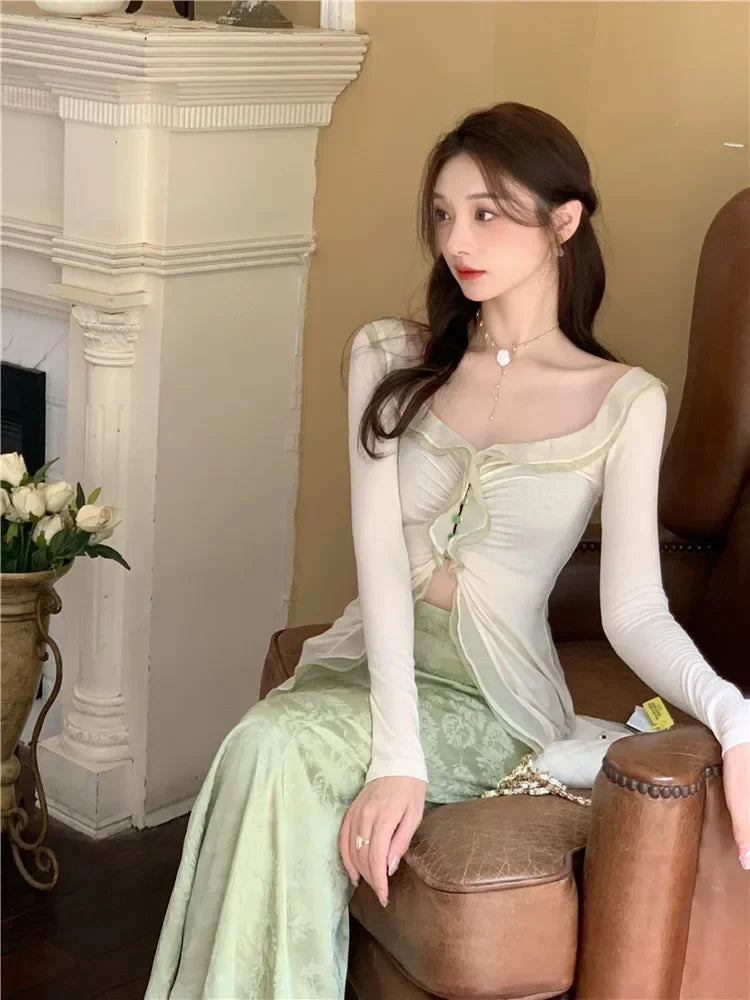 Territory New Chinese Style Fashion 2 Piece Dress Suits Ruffles Long Sleeve Slim Shirt Cardigan+High Waist Green Long Satin Skirt Sets