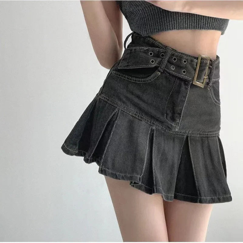 Territory  Denim Pleated Mini Skirt Vintage Sexy High Waist A-line Belt Women Embroidery Jean Short Skirt Summer Japanese Y2k