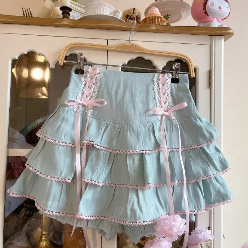 Territory 2024 Japanese Kawaii Lolita Style Pleated Skirts Women High Waist Pink Bandage Fairy Y2k Aesthetic Skirt Cute Faldas Mujer Moda