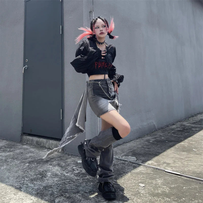 Territory Harajuku Vintage Y2k Skirts Leg Warmers Denim Mini Skirt Irregular Patchwork Raw Edge Design Streetwear Gyaru Women's Clothing