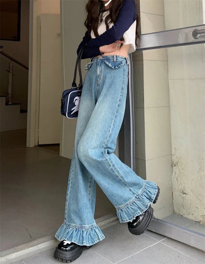 Territory Gothic High Waist Denim Pants Women Chic Ruffles Ruffle Hem Jeans Wide Leg   Female  Kawaii Y2K Straight Trousers