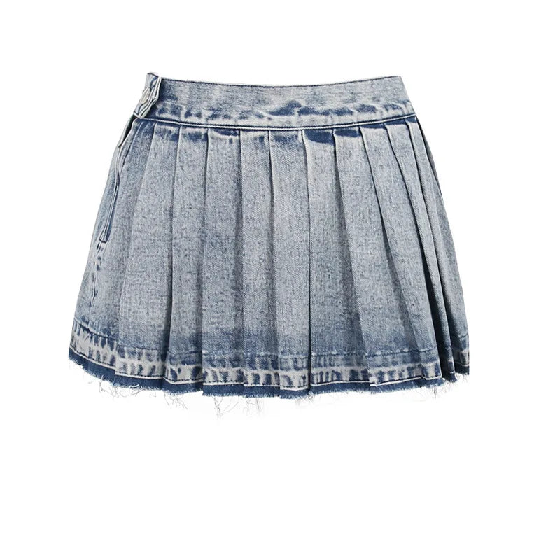 Territory Denim Pleated Skirt Women Y2k Streetwear Low Rise A-line Vintage Distressed Raw Edge Sexy Jean Mini Skirt Gyaru Fashion