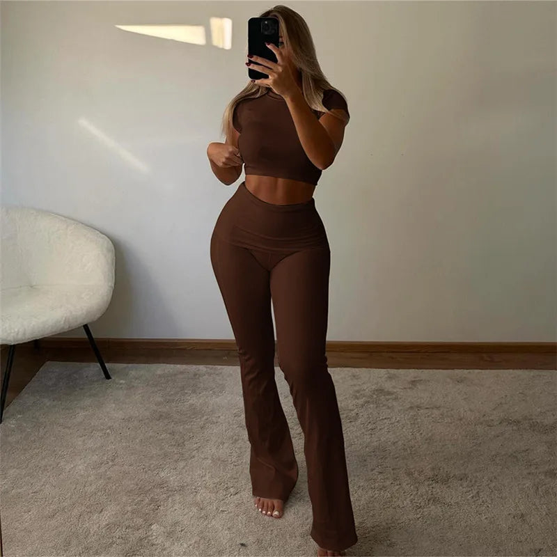 Territory Ribbed Co Ord Two Piece Set Short Sleeve Crop Top And Flare Pants Sets Casual Spring Summer Y2K Clothes For Women