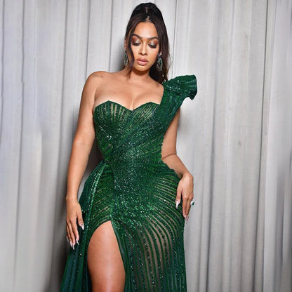 Territory Green Mermaid High Split Elegant One Shoulder Beaded Evening Dresses Gowns For Women Wedding