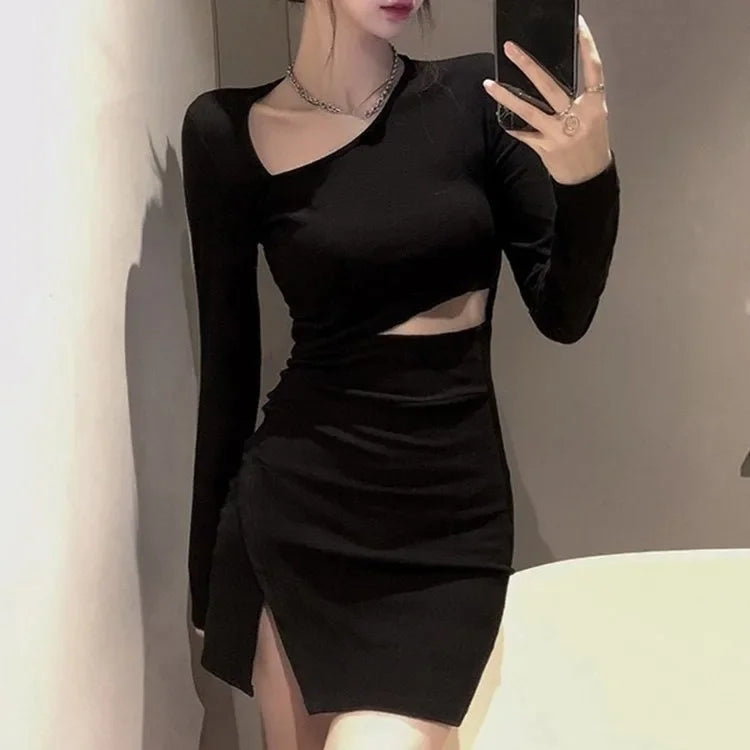 Territory Harajuku Street Black Bodycon Dress for Women Summer New Slim Waist Hollow Out Dresses Y2k Grunge Long Sleeve Vestidos Mujer