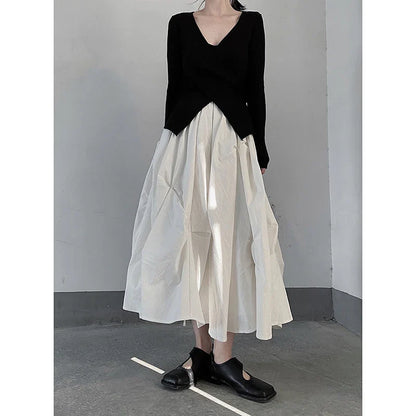 Territory Gothic Pleated Midi Skirts Women Y2K High Waist Folds A Line Skirt Streetwear Korean Harajuku Elegant Slim Chic Ball Gown