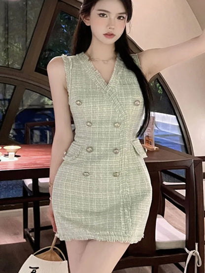 Territory High Quality French Vintage Small Fragrance Tweed Dresses Women Korean Fashion Casual Woolen Summer Dress Elegant Party Vestidos