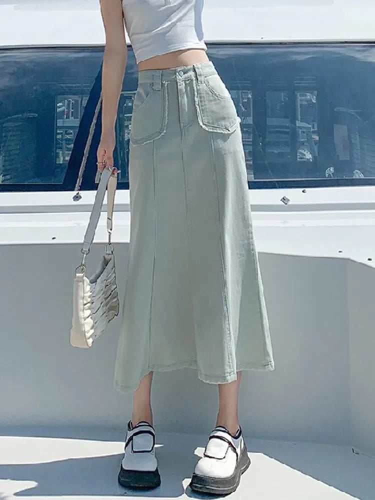 Territory Denim Skirts Womens Summer Casual High Waisted Pocket Midi Skirt Ladies Korean Fashion Mermaid Skirt Female