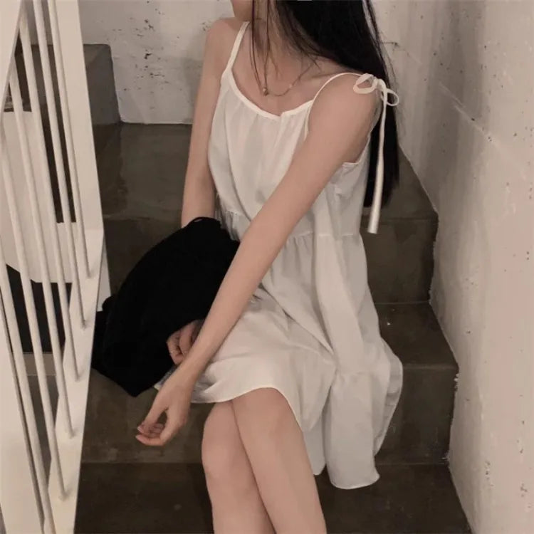 Territory Korean Simple Lace Up White Strap Dresses Summer New Sleeveless Dress for Women Y2k E-Girl High Waist A-line Vestidos Mujer