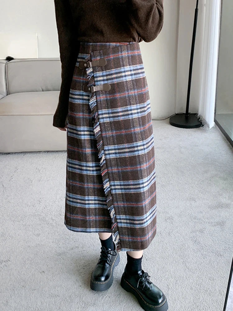 Territory French Vintage Long Skirts for Women Autumn Winter High Waist Plaid Raw Edge Irregular Skirt  Slim Fit Elegant Design Clothing