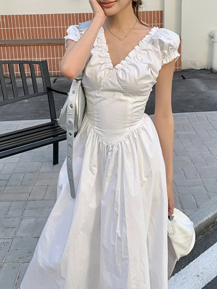 Territory Elegant and Chic Women Fashion A-Line Party Dress Vintage Casual Slim Solid Birthday Robe Female Clothes Vestidos Summer