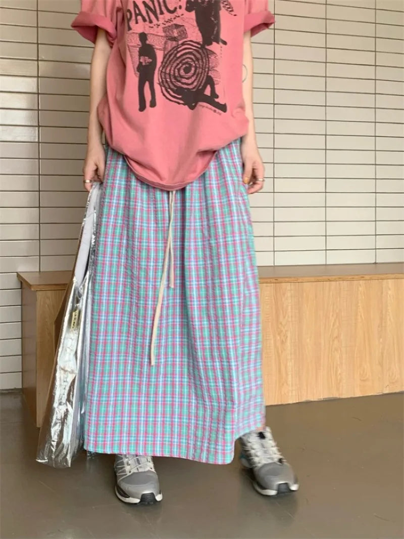 Territory Korean Fashion Plaid Skirt for Women Y2k Grunge Mid-length Loose Skirts 2024 Spring New High Waist A-line Faldas Mujer