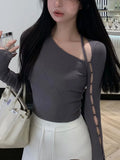 Territory 2024 Spring Hollow Out Slim Waist Tunic T-shirts Basic Sexy Long Sleeve Streetwear Tops Women Y2k Aesthetic All Match Solid Tees