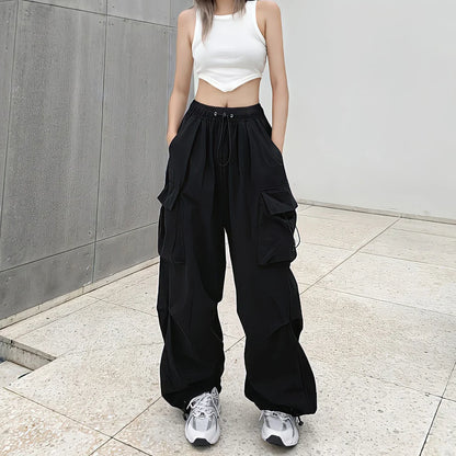 Territory Drawstring Baggy Grey Cargo Pants Women High Waist Black Pants Streetwear Boyfriend Jogging Casual Straight Wide Leg Trousers