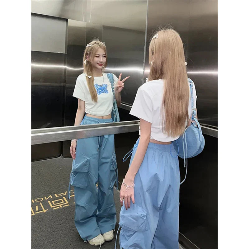 Territory Cargo Pants Women Y2K Oversized Sweatpants Streetwear Pockets Wide Leg Joggers Harajuku Korean Blue Baggy Casual Trousers