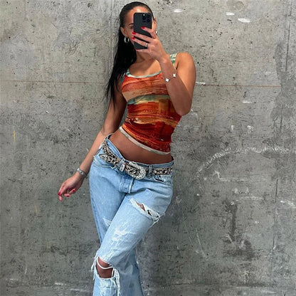 Territory Fashion Printed Mesh Sheer Crop Top Streetwear Graphic Tank Tops Sexy Y2k Summer Clothes Women 2024 Spicy Girl Outfits