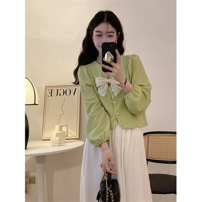 Territory S-3Xl Elegant Bow Shirts Women Sweet Pink Puff Long Sleeve Blouses Korean Fashion White V Neck Pearl Buttons Crop Tops New