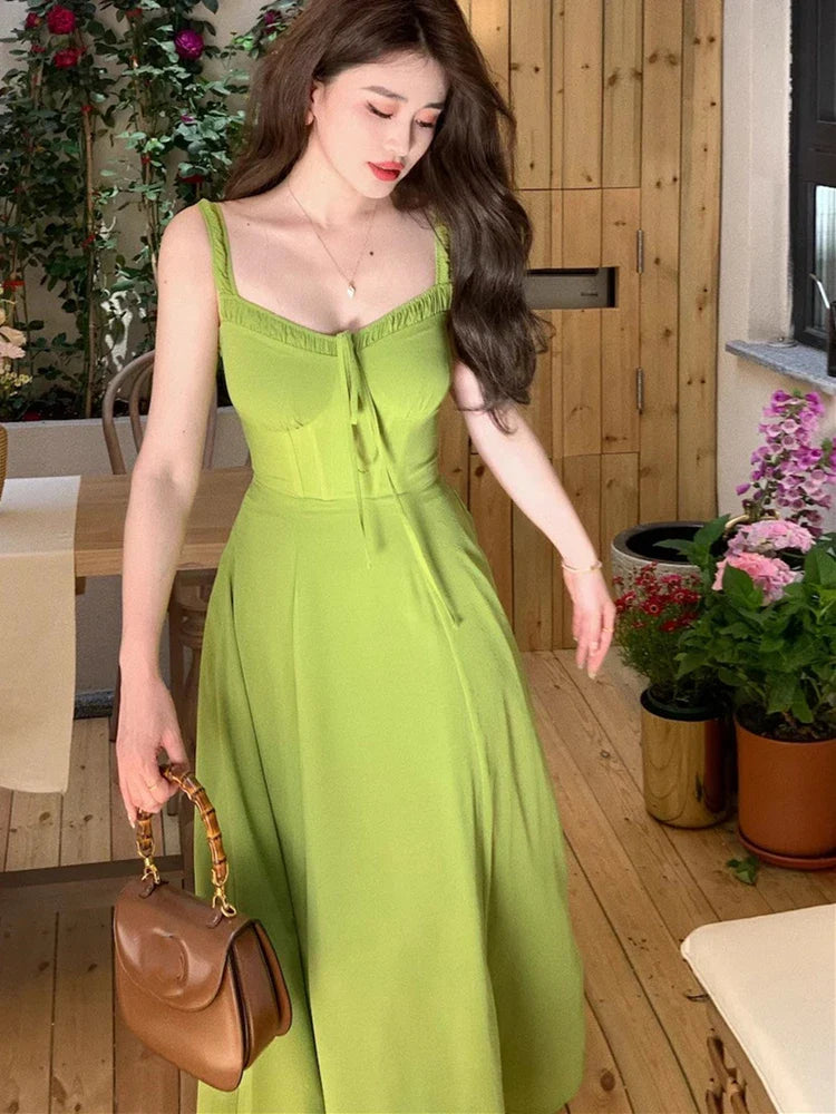 Territory 2024 Summer Elegant Women Sweet Party Midi Holiday Dresses Casual Female Lace Up Robe