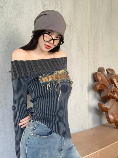 Territory Grunge Sweater Women Y2k Off Shoulder Knitted Pullover Punk Vintage Slim Fit Sexy Pulls Aesthetic 2000s Long Sleeve Jumper