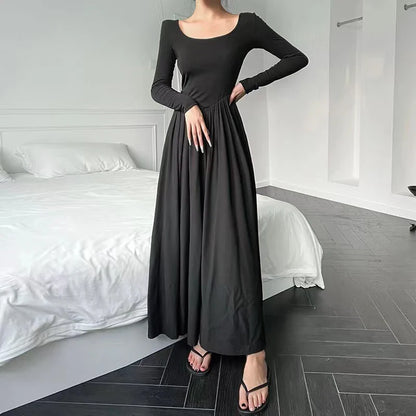 Territory  Hepburn Style Fashion Elegant Women A Line Dress Summer Elastic Slim Long Sleeve Midi Dress High Waist O Neck Pleated Dress