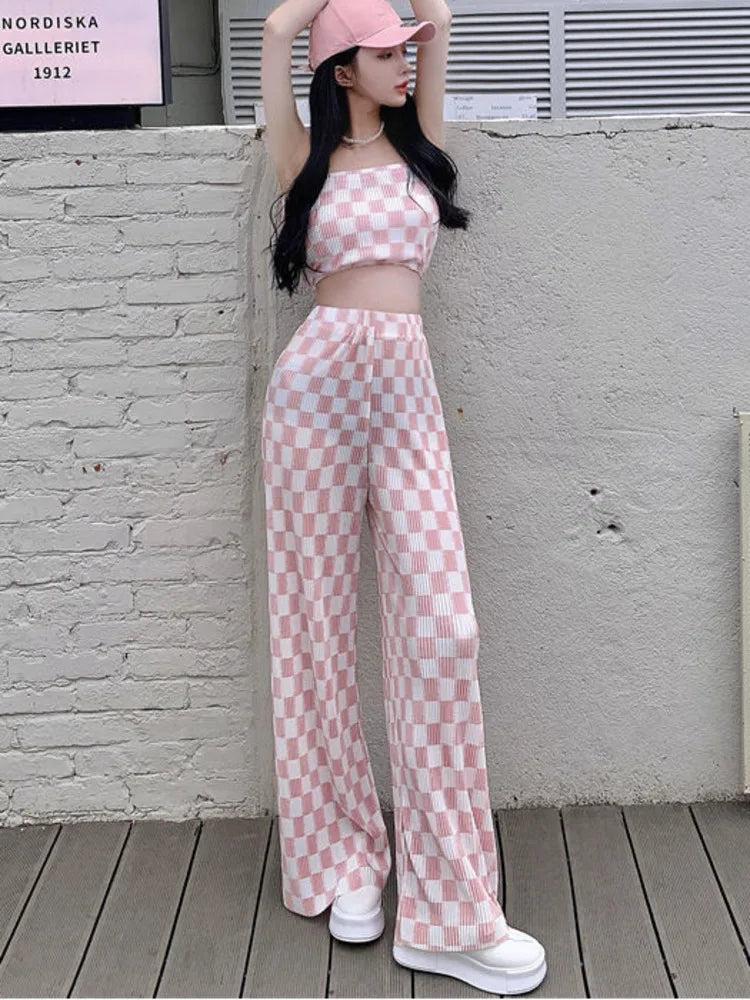 Territory New Summer Fashion Casual Plaid 2 Piece Set Women Strapless Crop Top + Wide Leg Pants Suits Female Sexy Outfits For Woman