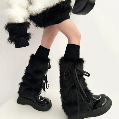 Territory Kawaii Bow Knot Leg Warmers Thickened Imitation Rabbit Fur Women Leggings Boots Cover Lolita Punk Harajuku Party Accessories