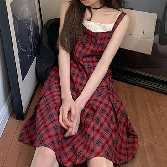 Territory Red Plaid Vintage Dresses Woman Sleeveless Korean Fashion Harajuku Preppy Dresses Pleated Short Dress Japanese Style Y2k