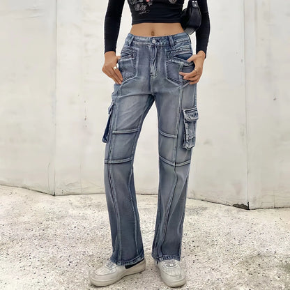 Territory Low Waist Sexy Baggy Jeans Blue Cargo Pants Women Korean Fashion Vintage 90s Y2k Streetwear Punk Commute Straight Denim Trousers