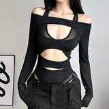 Territory Goth Dark Cyber Y2k Punk Hollow Out Sexy Bodysuits Mall Gothic Bodycon Mesh Sheer T-shirts Women Long Sleeve Patchwork Bodysuit