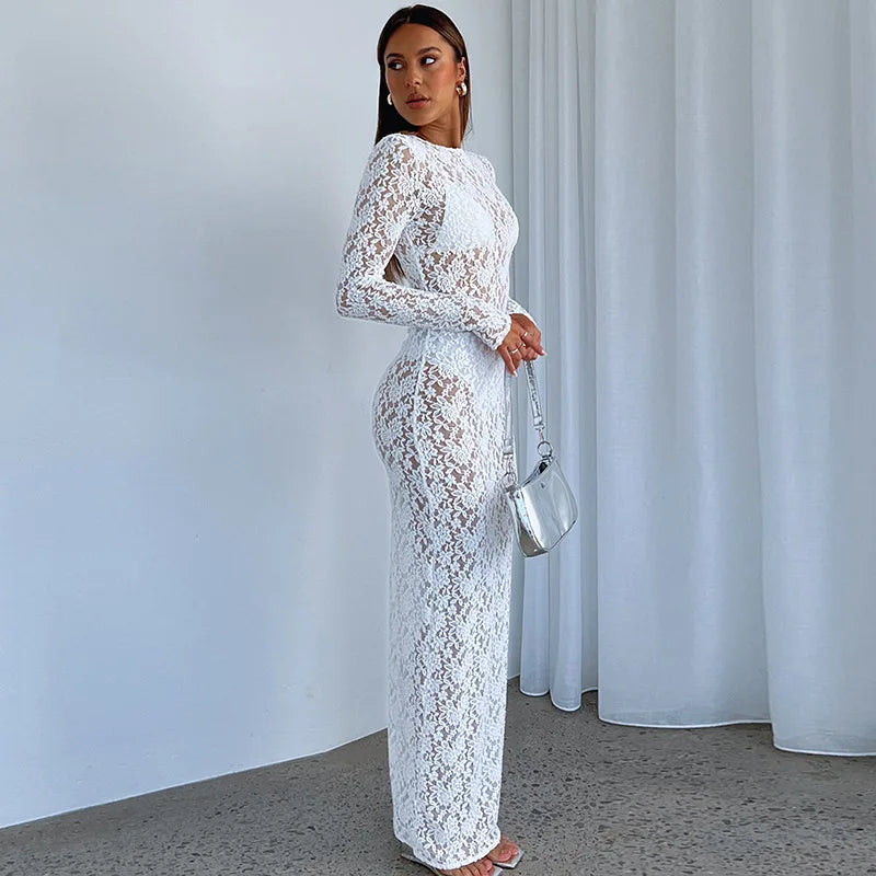 Territory Black Floral Lace See Through Maxi Dress Elegant Sexy Women Photoshoot Long Sleeve White Party Dresses Y2K Hollow Out