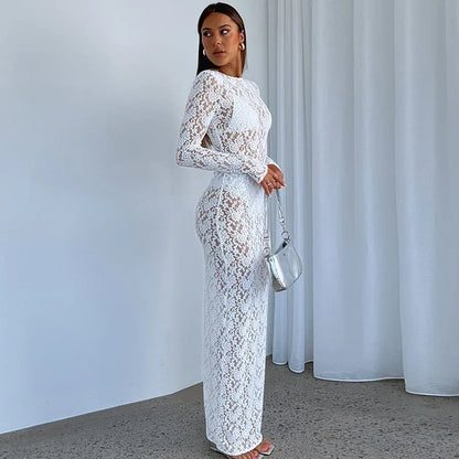 Territory Black Floral Lace See Through Maxi Dress Elegant Sexy Women Photoshoot Long Sleeve White Party Dresses Y2K Hollow Out