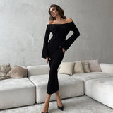 Territory Off Shoulder Flare Sleeve Long Dresses Women Black White Knitted Elegant Evening Dress Fall Y2K Clothes 2024