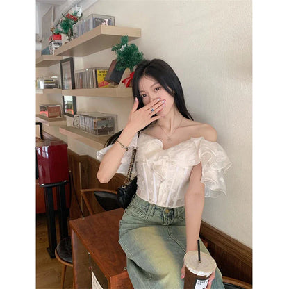 Territory Cropped Slash Neck Shirts Women Fashion Black Sexy Off Shoulder Blouses Summer Korean Office Ladies Elegant Slim Crop Tops