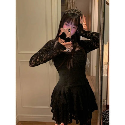 Territory Harajuku Gothic Black Lace Dress Women Vintage Y2k Sexy Purple Mini Dress Bodycon Elegant Party Dresses Korean Aesthetic