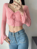 Territory 2024 Spring Long Sleeve Sauare Collar T-shirts Ruffled Flare  Slim Cropped Tops Women Y2k Aesthetic All Match Bandage Tees