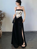 Territory Black Vintage Koream Fashion Two Piece Set Women Elegant Party Mini Pants Set Female Designer Tops + Casual Split Pants New