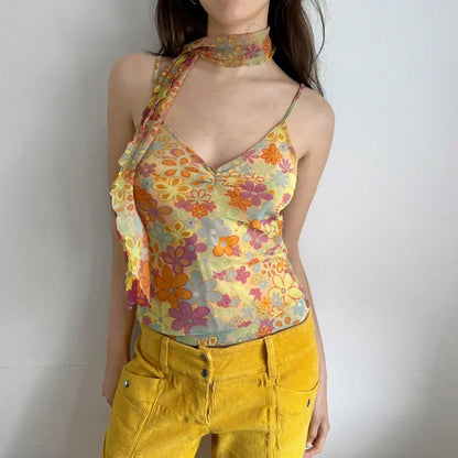 Territory Holiday Floral Camis Top With Scarf Sexy Slim V-Neck Sleeveless Crop Tops Women 2024 Summer Fashion Streetwear Ladies