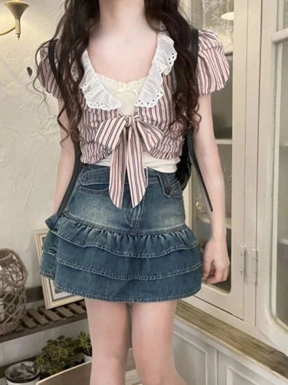 Territory Pink Kawaii Two-piece Set Tops Women Blue Striped Casual Sweet Blouses Female Bubble Sleeve Korean Fashion Clothing Summer