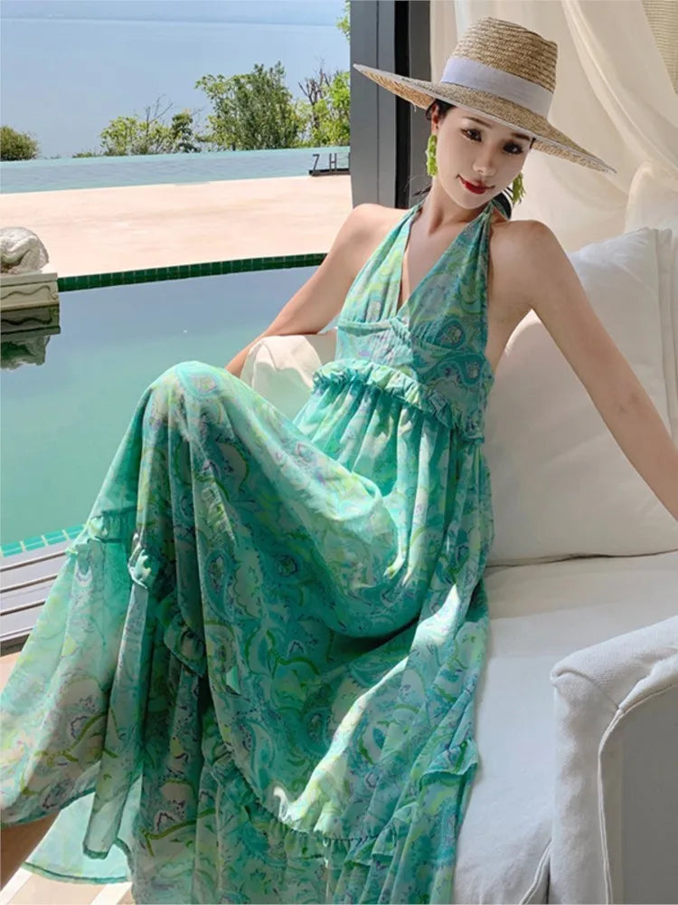 Territory Bohemian Dresses Woman Summer Green Strappy Sundress Female Fashion Casual Long Beach Sundress Chic Printed Boho Dress