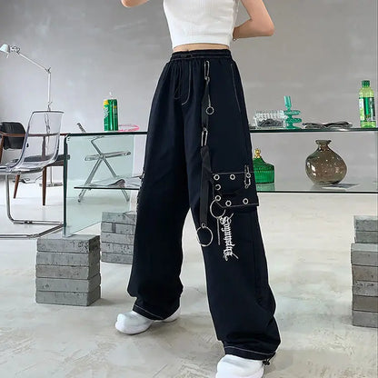 Territory Gothic Techwear Black Cargo Pants Women Punk Chain Pockets White Wide Leg Trousers Female Harajuku Streetwear Mall Goth