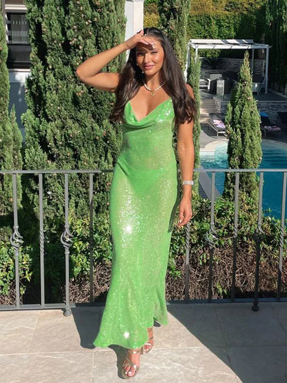 Territory 2024 Summer Sexy Deep V Neck Green Backless Sequin Sleeveless Women's Dresses For Women Evening Party Maxi Dresses