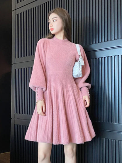 Territory High Quality Autumn Winter Knitted Sweater Dress Women Korean Sweet Vestidos Long Sleeve Button Casual Pull Mini Dress For Women