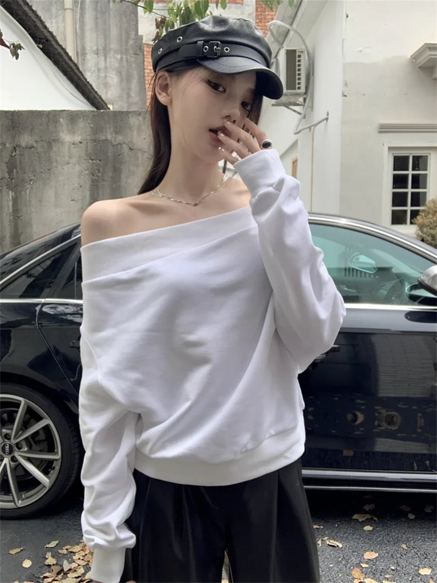 Territory  All Match Sweatshirts Women Slash Neck Sexy Slim Office Lady Full Sleeve Autumn Vintage Off Shoulders Daily