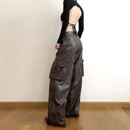 Territory Brown Classic  leather Retro All-match Casual High Street Fashionable Cool Confident Youth Hip-hop Women Autumn Straight Leg Pants