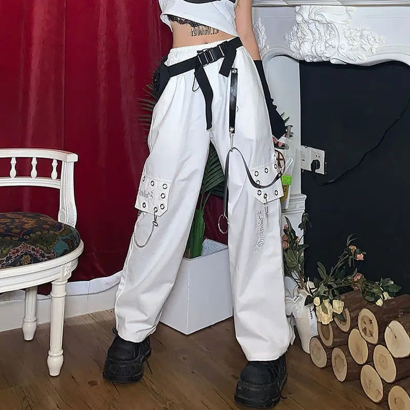 Territory Gothic Techwear Black Cargo Pants Women Punk Chain Pockets White Wide Leg Trousers Female Harajuku Streetwear Mall Goth